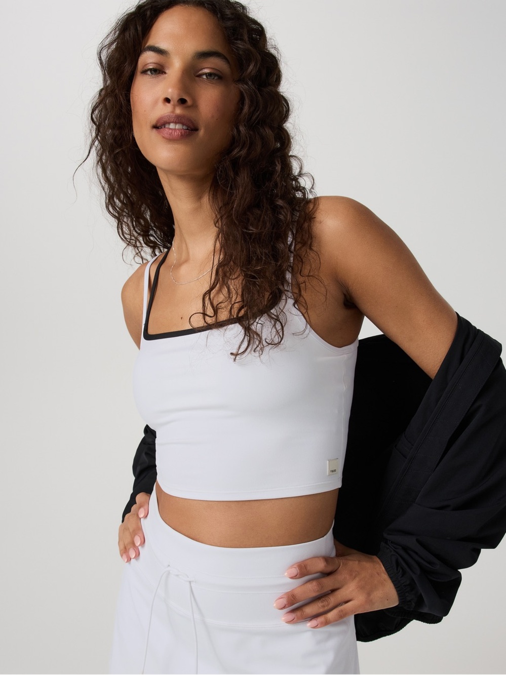 Vuori Daily Layered Tank Top Cropped Strappy Sports Bra Cream Black Workout